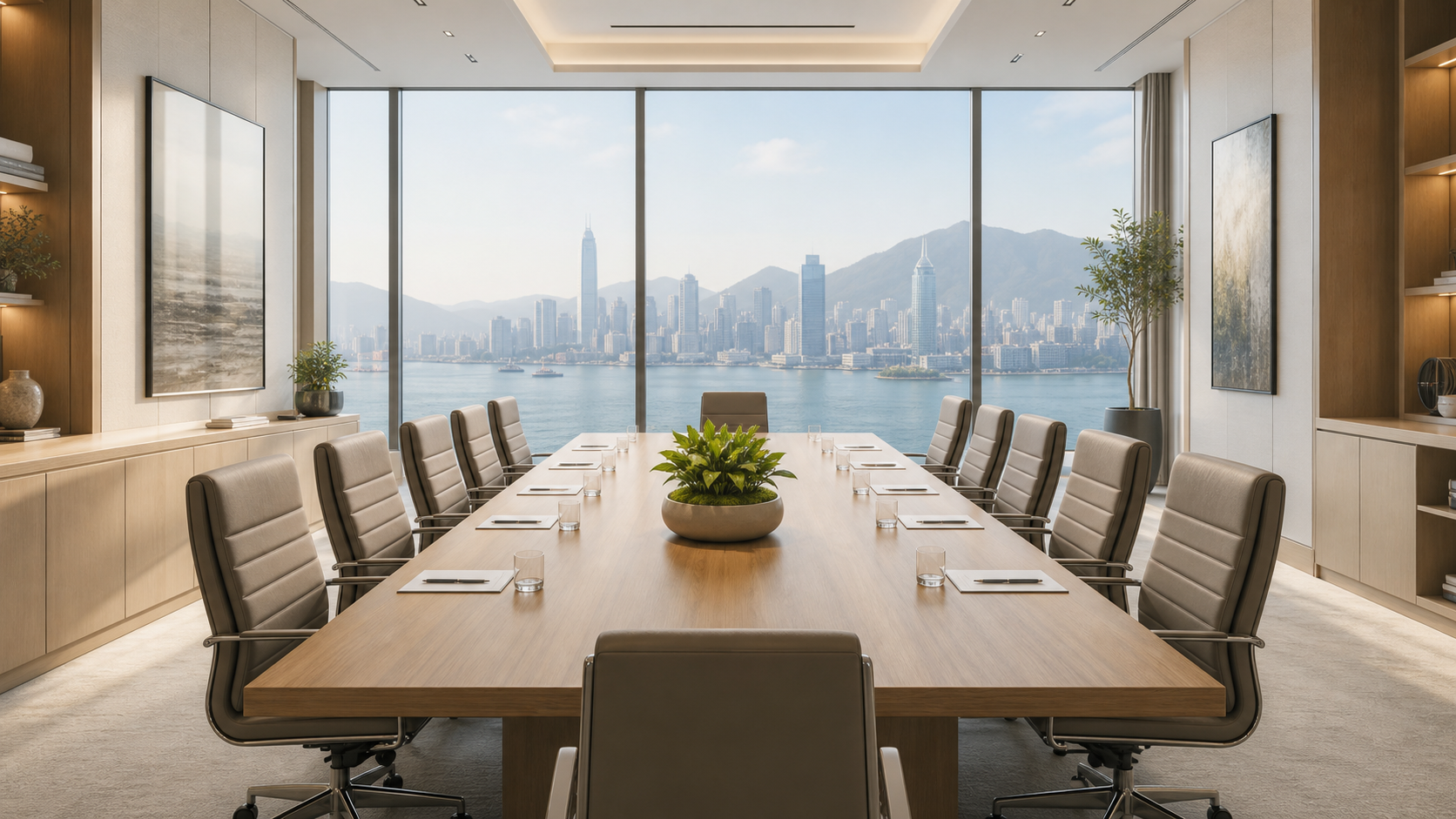 Refined boardroom overlooking an international skyline