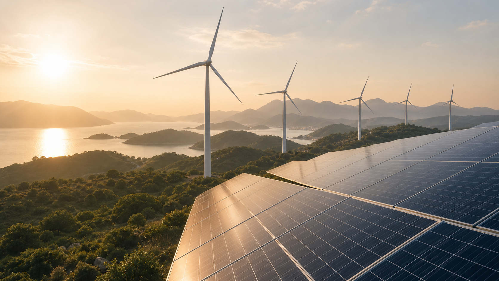 Wind turbines and solar panels in a renewable energy landscape