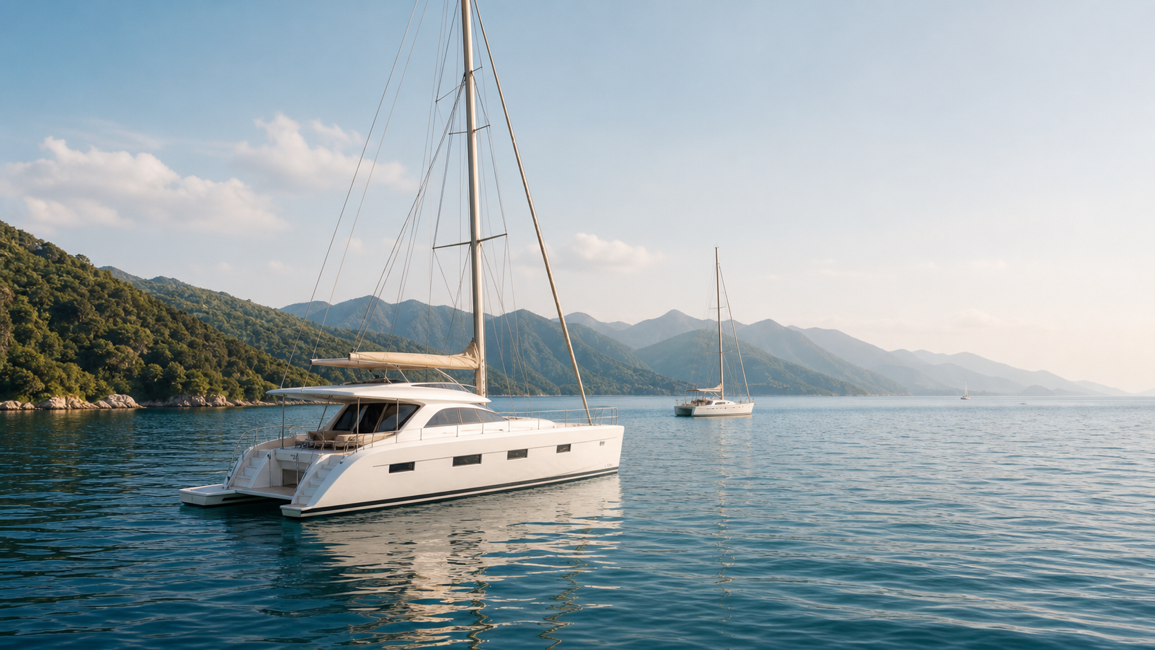 Sailing catamaran in a calm bay